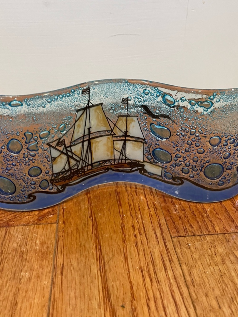 Handcrafted Blue and Cream Sailboat wavy Glass Art